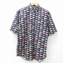 L★古着 半袖 シャツ メンズ 00年代 00s 旗 総柄 コットン ボタンダウン 濃紺 ネイビー 25may15 中古 トップス