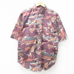 【50%OFF】XL★古着 半袖 シャツ メンズ 00年代 00s 総柄 コットン ボタンダウン 紫他 パープル 25may15 中古 トップス