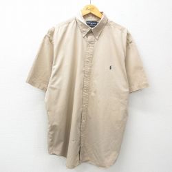 【50%OFF】XL★古着 ラルフローレン Ralph Lauren 半袖 ブランド シャツ メンズ 90年代 90s ワンポイントロゴ 大きいサイズ ロング丈 コットン ボタンダウン ベージュ カーキ 25may15 中古 トップス