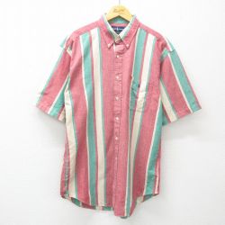 L★古着 ラルフローレン Ralph Lauren 半袖 ブランド シャツ メンズ 90年代 90s ワンポイントロゴ ロング丈 コットン ボタンダウン 赤他 レッド ストライプ 【spe】 25may15 中古 トップス