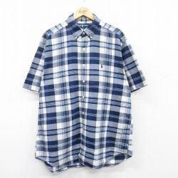 XL★古着 ラルフローレン Ralph Lauren 半袖 ブランド シャツ メンズ 90年代 90s ワンポイントロゴ BLAKE 大きいサイズ ロング丈 コットン ボタンダウン 紺他 ネイビー チェック 25may16 中古 トップス