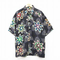 XL★古着 半袖 シャツ メンズ 00年代 00s 花 総柄 シルク 黒他 ブラック 25may20 中古 トップス