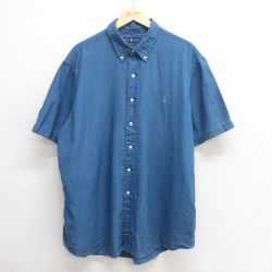 XL★古着 ラルフローレン Ralph Lauren 半袖 ブランド シャツ メンズ ワンポイントロゴ インディゴ オックスフォード 大きいサイズ コットン ボタンダウン 紺 ネイビー 25may26 中古 トップス