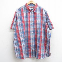 XL★古着 半袖 シャツ メンズ シアサッカー 大きいサイズ　ロング丈 紺他 ネイビー チェック 25may28 中古 トップス
