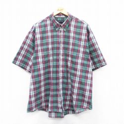 【50%OFF】XL★古着 バンヒューセン 半袖 シャツ メンズ 大きいサイズ ボタンダウン 緑他 グリーン チェック 25may30 中古 トップス