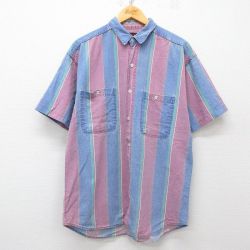 【50%OFF】L★古着 TODAYSNEWS 半袖 シャツ メンズ 90年代 90s 紺他 ネイビー ストライプ 25may30 中古 トップス