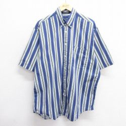 XL★古着 ノーティカ NAUTICA 半袖 ブランド シャツ メンズ 90年代 90s ワンポイントロゴ 大きいサイズ ロング丈 コットン ボタンダウン USA製 紺他 ネイビー ストライプ 25jun04 中古 トップス