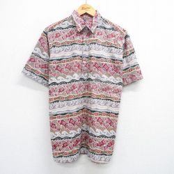 L★古着 半袖 シャツ メンズ 魚 総柄 えんじ他 25jun05 中古 トップス