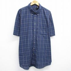 XL★古着 バンヒューセン 半袖 シャツ メンズ 大きいサイズ ロング丈 ボタンダウン 濃紺他 ネイビー チェック 25jun05 中古 トップス