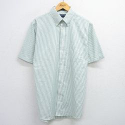 XL★古着 半袖 シャツ メンズ オックスフォード ロング丈 ボタンダウン 緑他 グリーン ストライプ 25jun05 中古 トップス