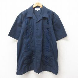 XL★古着 半袖 キューバ シャツ メンズ 刺繍 大きいサイズ ロング丈 紺 ネイビー 25jun09 中古 トップス