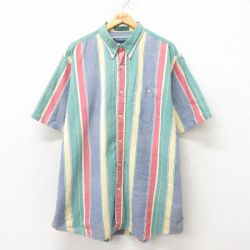 XL★古着 半袖 シャツ メンズ 大きいサイズ ロング丈 コットン ボタンダウン 緑他 グリーン ストライプ 25jun09 中古 トップス