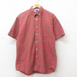 L★古着 トミーヒルフィガー TOMMY HILFIGER 半袖 ブランド シャツ メンズ 90年代 90s ワンポイントロゴ ボタンダウン コットン エンジ チェック 25jun09 中古 トップス