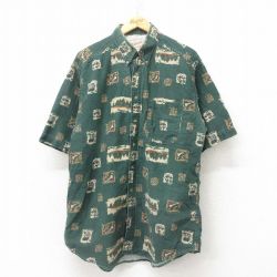L★古着 ウールリッチ WOOLRICH 半袖 シャツ メンズ 90年代 90s ブーツ他 ロング丈 コットン ボタンダウン USA製 緑 グリーン 25jun09 中古 トップス