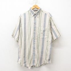 XL★古着 ノーティカ NAUTICA 半袖 ブランド シャツ メンズ 90年代 90s ワンポイントロゴ リネン ボタンダウン 薄ベージュ カーキ ストライプ 25jun09 中古 トップス