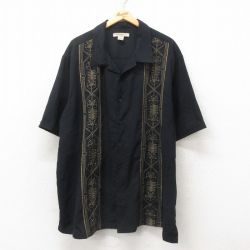XL★古着 半袖 キューバ シャツ メンズ 刺繍 大きいサイズ 開襟 オープンカラー 黒 ブラック 25jun10 中古 トップス