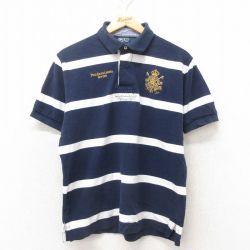 M★古着 ラルフローレン Ralph Lauren 半袖 ブランド ラガー シャツ メンズ 90年代 90s 鹿の子 コットン 紺 ネイビー ボーダー 25jun10 中古 トップス