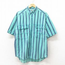 M★古着 半袖 シャツ メンズ 00年代 00s コットン 青緑 ストライプ 25jun10 中古 トップス