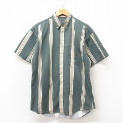 L★古着 ラルフローレン Ralph Lauren チャップス 半袖 ブランド シャツ メンズ 90年代 90s ワンポイントロゴ コットン ボタンダウン 緑 グリーン ストライプ 25jun10 中古 トップス