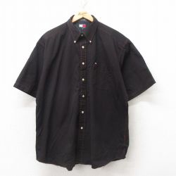 XL★古着 トミーヒルフィガー TOMMY HILFIGER 半袖 ブランド シャツ メンズ 90年代 90s ワンポイントロゴ 大きいサイズ コットン ボタンダウン 黒 ブラック 25jun10 中古 トップス
