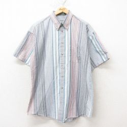 L★古着 半袖 シャツ メンズ ロング丈 マルチカラー ボタンダウン グレー他 ストライプ 25jun10 中古 トップス