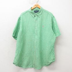 XL★古着 ラルフローレン Ralph Lauren 半袖 ブランド シャツ メンズ 90年代 90s ワンポイントロゴ 大きいサイズ ロング丈 リネン ボタンダウン 緑 グリーン ストライプ 25jun10 中古 トップス