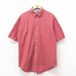 【50%OFF】XL★古着 トミーヒルフィガー TOMMY HILFIGER 半袖 ブランド シャツ メンズ 90年代 90s ワンポイントロゴ コットン ボタンダウン 赤 レッド チェック 25jun10 中古 トップス