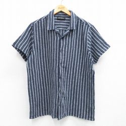 XL★古着 半袖 シャツ メンズ 開襟 オープンカラー 紺他 ネイビー ストライプ 25jun11 中古 トップス