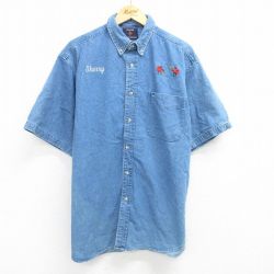 XL★古着 半袖 シャツ メンズ 90年代 90s てんとう虫 大きいサイズ ロング丈 コットン ボタンダウン 紺 ネイビー デニム 25jun14 中古 トップス