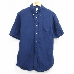 L★古着 ブルックスブラザーズ BROOKS BROTHERS 半袖 ブランド シャツ メンズ リネン ボタンダウン 紺 ネイビー 25jun14 中古 トップス