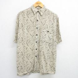 L★古着 半袖 シャツ メンズ 葉 総柄 シルク ベージュ他 カーキ 25jun14 中古 トップス