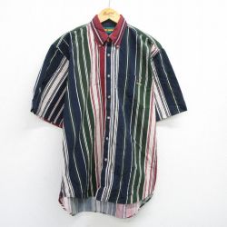 XL★古着 半袖 シャツ メンズ 90年代 90s コットン ボタンダウン 紺他 ネイビー ストライプ 25jun14 中古 トップス