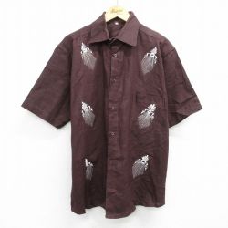 XL★古着 半袖 シャツ メンズ 90年代 90s 刺繍 茶 ブラウン 25jun14 中古 トップス