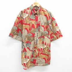 XL★古着 半袖 シャツ メンズ 90年代 90s シマウマ ゾウ キリン 総柄 大きいサイズ ロング丈 コットン ボタンダウン USA製 赤他 レッド 【spe】 25jun14 中古 トップス