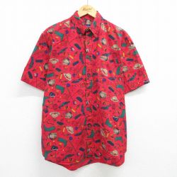 【50%OFF】XL★古着 半袖 シャツ メンズ 釣り 長靴 魚 総柄 大きいサイズ コットン ボタンダウン 赤他 レッド 25jun14 中古 トップス