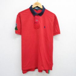 XL★古着 ラルフローレン Ralph Lauren 半袖 ブランド ラガー シャツ メンズ 90年代 90s ワンポイントロゴ インディアン 鹿の子 コットン 赤他 レッド 25jun14 中古 トップス
