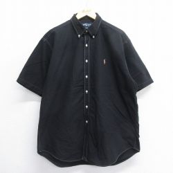 XL★古着 ラルフローレン Ralph Lauren 半袖 ブランド シャツ メンズ 90年代 90s ワンポイントロゴ オックスフォード ロング丈 コットン ボタンダウン 黒 ブラック 25jun14 中古 トップス