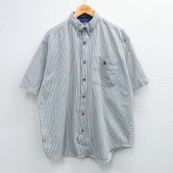 XL★古着 半袖 シャツ メンズ 90年代 90s ワンポイントロゴ 大きいサイズ コットン ボタンダウン 紺他 ネイビー ストライプ 25jun14 中古 トップス