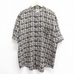 XL★古着 半袖 シャツ メンズ 総柄 大きいサイズ ロング丈 レーヨン ノーカラー 黒他 ブラック 25jun14 中古 トップス