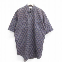 【20%OFF】XL★古着 半袖 シャツ メンズ 90年代 90s 総柄 ロング丈 コットン ボタンダウン 紺他 ネイビー 25jun14 中古 トップス
