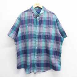XL★古着 タウンクラフト 半袖 シャツ メンズ 90年代 90s 大きいサイズ ロング丈 ボタンダウン 薄紺他 ネイビー チェック 25jun14 中古 トップス