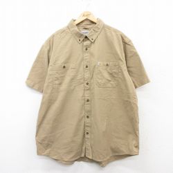 XL★古着 カーハート Carhartt 半袖 シャツ メンズ ワンポイントロゴ ダック地 大きいサイズ ロング丈 ボタンダウン ベージュ カーキ 25jun16 中古 トップス