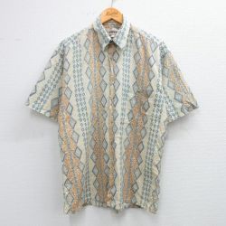 L★古着 半袖 シャツ メンズ 00年代 00s　総柄 コットン 薄ベージュ他 カーキ 25jun16 中古 トップス
