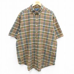 XL★古着 ラルフローレン Ralph Lauren 半袖 ブランド シャツ メンズ 00年代 00s ワンポイントロゴ 大きいサイズ ロング丈 コットン ボタンダウン 黄色系他 イエロー チェック 25jun16 中古 トップス