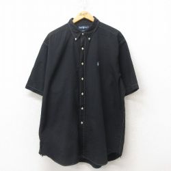 XL★古着 ラルフローレン Ralph Lauren 半袖 ブランド シャツ メンズ 90年代 90s ワンポイントロゴ BLAKE シアサッカー 大きいサイズ ボタンダウン 黒 ブラック 25jun16 中古 トップス