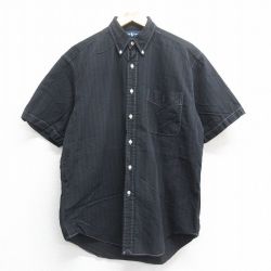 【20%OFF】XL★古着 ラルフローレン Ralph Lauren 半袖 ブランド シャツ メンズ 90年代 90s ワンポイントロゴ BIG SHIRT コットン ボタンダウン 黒 ブラック ストライプ 25jun17 中古 トップス