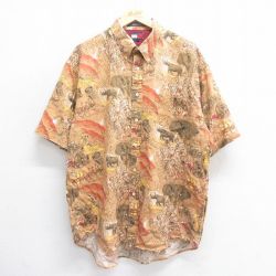 【50%OFF】XL★古着 トミーヒルフィガー TOMMY HILFIGER 半袖 ブランド シャツ メンズ 90年代 90s ワンポイントロゴ サイ ゾウ 大きいサイズ ロング丈 リネン ボタンダウン 茶他 ブラウン 【spe】 25jun17 中古 トップス