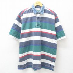【20%OFF】XL★古着 アメリカンイーグル American Eagle 半袖 ラガー シャツ メンズ 90年代 90s 襟デニム 大きいサイズ コットン 緑他 グリーン ボーダー 【spe】 25jun19 中古 トップス