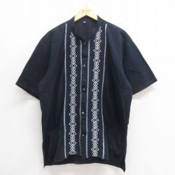 XL★古着 半袖 シャツ メンズ 大きいサイズ ノーカラー 紺他 ネイビー 25jun17 中古 トップス