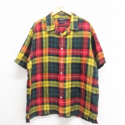 XL★古着 半袖 シャツ メンズ 大きいサイズ ロング丈 リネン 開襟 オープンカラー 黄他 イエロー チェック 25jun17 中古 トップス